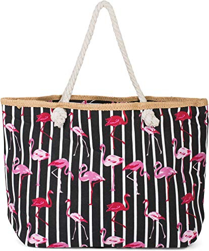 styleBREAKER Sac de Plage XXL avec imprimé à Rayures et Flamants Roses et Fermeture à glissière, Sac à Main, Cabas, Femme 02012252, Couleur:Noir-Blanc