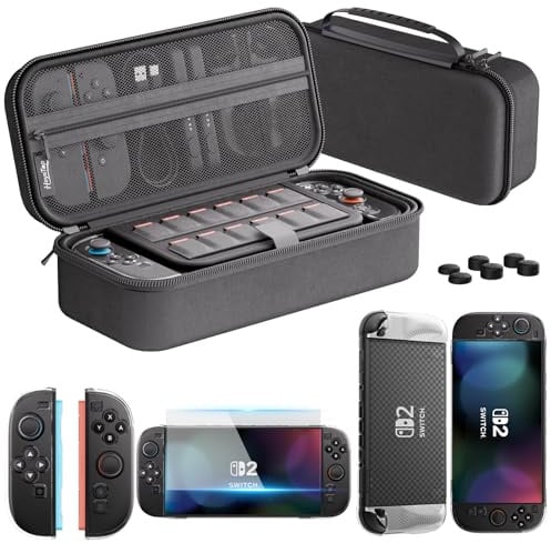 HEYSTOP Tasche Kompatibel mit Nintendo Switch, 11 in 1 Nintendo Switch Tragetasche Mit 2 Griffen, Verstellbarem PlayStand, Displayschutz aus Gehärtetem Glas und 6 Daumen Griffkappen,Grau