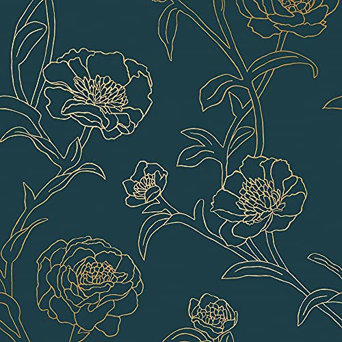 Tempaper PE10633 Peacock Blue & Metallic Gold Peonies | Designer Removable Peel and Stick Wallpaper