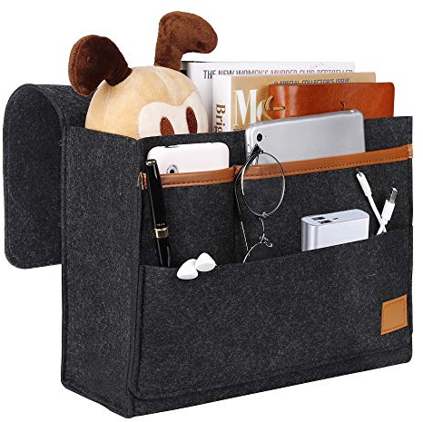 MaoXinTek Betttasche, Filz Bett Caddy Organizer zum Einhängen Nachttisch Tasche Sofa-Bett Dicke Filz Anti-Rutsch für Buch, Zeitschriften, iPad, Handy, Fernbedienung, Dunkelgrau