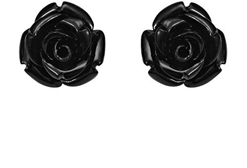 Pretty Blooming Carved Black Rose .925 Sterling Silver Stud Earrings