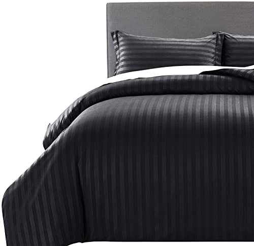 MOONLIGHT20015 Double Duvet Set Reversible Stripes Satin Double Bedding Set with 2 Pillowcases Soft Hypoallergenic Duvet Cover (Black 200x200 CM)