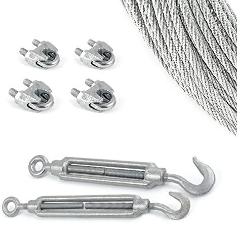 DQ-PP Stahlseil SET 9 – 3mm 6x7 mittelweich – 20 Meter – Stahl verzinkt – 2x Spannschloss Haken-Öse M5 – 4x Seilklemmen Bügel 3mm – Drahtseil für Rankhilfe Forstseil