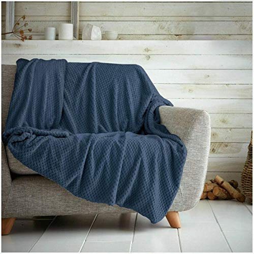 Waffle Honeycomb Throw Blanket Soft Warm Throw Over Sofa Bed Travel Bedspread (Navy Blue, King - 200 x 240cm)