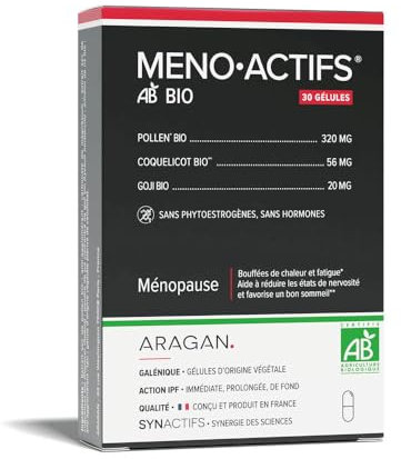 Menoactifs - Complement Alimentaire Menopause Sans Hormones - Bouffées de Chaleur & Fatigue - Pollen, Coquelicot, Goji - Aragan - 30 Gélules