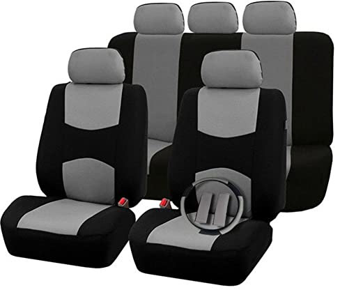 Rebeca Shop A18_GRIGIO Copri-sedili Auto Universale Grigio Nero | Set Coprisedili Universali per Anteriori e Posteriori | Kit Copri cintura e volante | Accessori Auto Interno