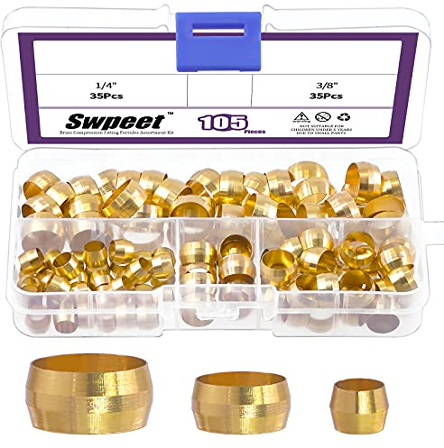 Swpeet 105Pcs Tube OD 1/4' 3/8' 1/2' Ferrule di Maniche di Compressione in Ottone, 3 dimensioni Ferrule di Raccordo di Compressione in Ottone Kit di Assortimento Hardware Metallico Strettamente Buona