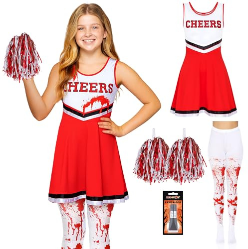 REDSTAR 6pc Girls Zombie Cheerleader Costume for Girls Halloween Costumes with Pom Poms, Fake Blood, Blood Stained Tights Kids - Dead Cheerleader Halloween Outfit Kids Zombie Fancy Dress Outfit