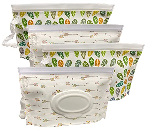 ULVBABI Tragbarer Feuchttücher-Spender (4 Stück), wiederverwendbare Baby-Windel Entsorgungsbeutel, nachfüllbar, persönlicher Reise-Clutch-Spenderhalter (Arrow & Leaf Pattern)