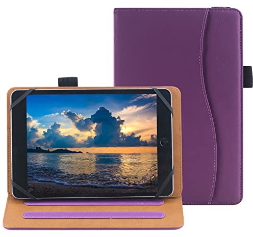 6 7 8 Inch Universal Tablet Case Folio Leather Stand Shell Case with Adjustable Angle Band and Pouch for Documents, Cards and Pen Holder (Purple)