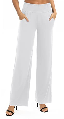 EXCHIC Damen Leichtgewicht Elastisch Hohe Taille Hose Casual Weite Bein Dehnbar Lounge Hosen mit Taschen (M, Weiß)