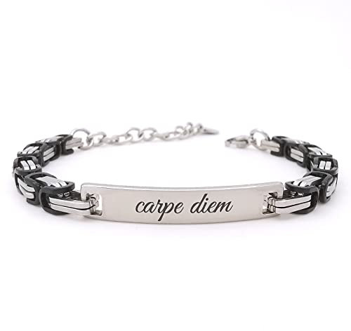 ALMENDRA Bracciale da uomo personalizzato in acciaio con incisione personalizzabile braccialetto regalo ragazzo nome frase inciso amico scritta (Maglia Bizantina nero)