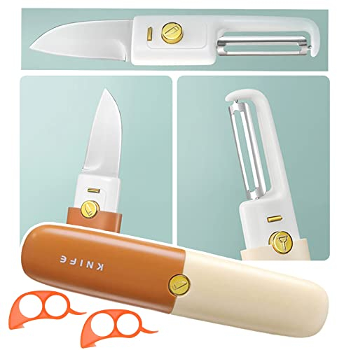 Pelador y cortador 2 en 1 Cuchillo para frutas,Pelador portátil de doble uso con Cubiertas Protectoras para Cuchillas Para la cocina y el camping,Cuchillo multifunción y 2pc Orange opene (naranja)