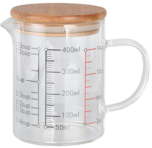 Glass Measuring Cup, Graduated Beaker Mug with Handle and Lid for Baking, Cooking, Pouring Liquid(400ml)