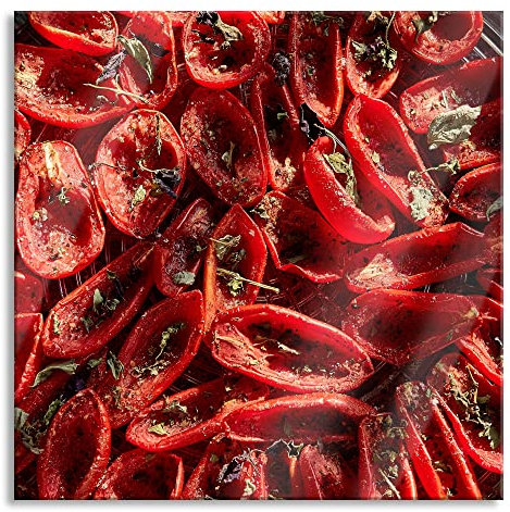 Pixxprint Glasbild, Wandbild auf Echtglas, Tomaten Olivenöl Kräuter, 60x60 cm, inkl. Aufhängung und Abstandshalter