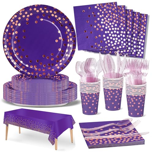 Nkaiso 141 Piezas Morado y Oro Rosa Vajilla Fiesta Cumpleaños, Platos y Vaso Cumpleaños Infantil, Juego de vajilla para Fiestas Platos Vasos Servilletas Reutilizable Cubiertos - 20 Invitados