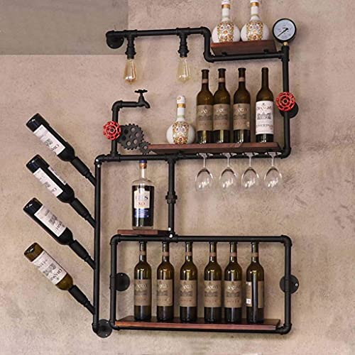 Wandmontierte Weinregale aus Metall, Weinglasregal, Rohr-hängender Flaschenhalter, schwebendes Holzregal, industrielles antikes dekoratives Präsentationsregal mit Lampe für Weinkeller, Bar,
