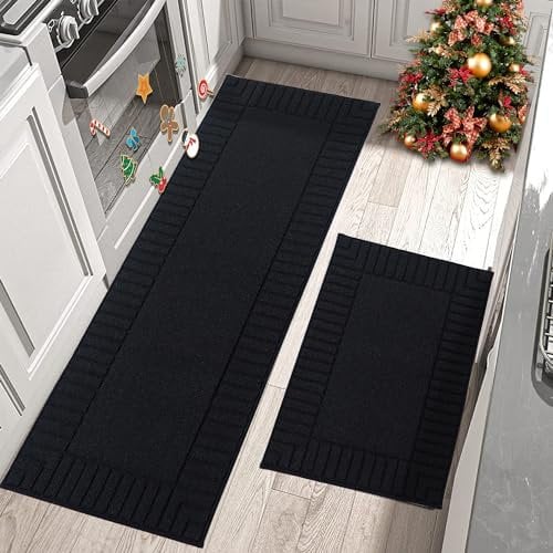 BEQHAUSE Kitchen Rugs Washable Kitchen Mats Floor Non-Slip Kitchen Mats Absorbent Kitchen Runner with TPR Non Skid Backing,Set of 2(60X89cm+60X152cm,Black)