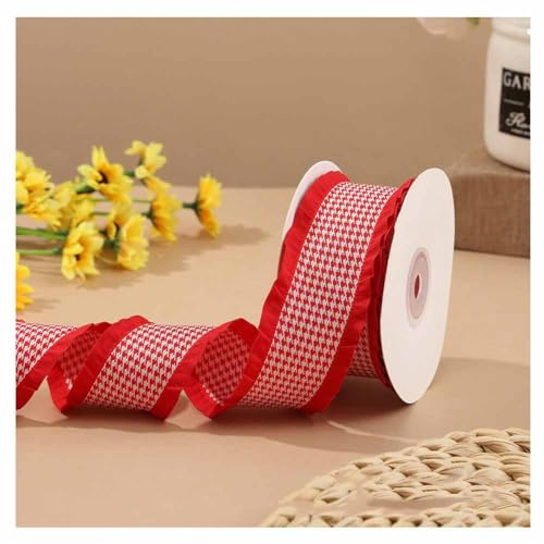 SHTGOI 10 Yards/Rolle Satin Rüschenband Karoband 3.8cm Breit Plissierte Schleifenband Geschenkband Elastik Kantenbesatz Tausend Vogel Kariert Dekoband für Hochzeit Geschenk Dekoration Rot