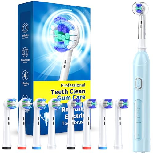 TEETHEORY Cepillo de dientes eléctrico giratorio para adultos con 8 cabezales de cepillo (2 tipos), 4 modos de limpieza profunda con energía recargable y temporizador inteligente de 2 minutos (7-azul