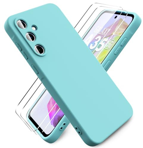 Ikziwreo - Coque pour Samsung Galaxy A35 5G, avec 2 Pièces Protecteur D'écran en Verre Trempé, Housse Silicone Souple Ultra-Mince de Couleur Pure, Coque en Caoutchouc Antichoc - Glace Bleue