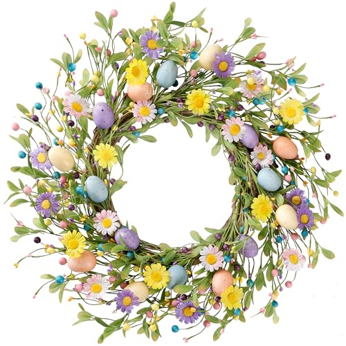 Sggvecsy 20 Inch Easter Wreath Spring Wreath Artificial Flower with Colorful Eggs Daisies Berries Eucalyptus Leaves for Front Door Easter Summer Farmhouse Holiday Wall Home Window Decor