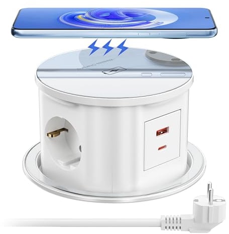 Prise Encastrable Plan de Travail USB C PD20W, Multiprise Electrique Escamotable avec Chargeur sans Fil pour Les Cuisines Bureaux, 2M Câble, Blanc