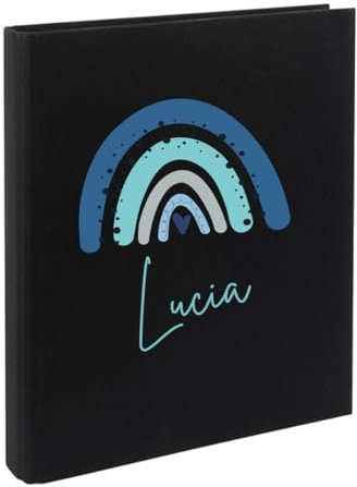 minimutz Zeugnismappe Kinder mit Name personalisiert - Dokumentenmappe Regenbogen blau für Jungen - Zeugnisordner Leinen zum Einsortieren (schwarz)