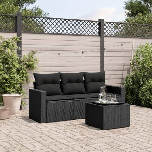 ULUYYUC 4-TLG. Garten-Sofagarnitur, Hocker Polsterbank Ecksofa Gästebett Geeignet für Garten Hinterhof Balkon Außenbereich mit Kissen Schwarz Poly Rattan