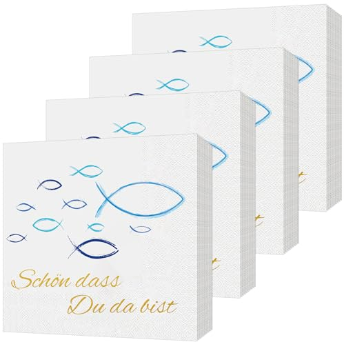80 Stück Servietten Fisch Blau, Schön, dass du da bist!', Fisch Tischdeko für Taufe, Kommunion, Konfirmation, Taufdeko Mädchen oder Andere festliche Anlässe, 33 x 33cm