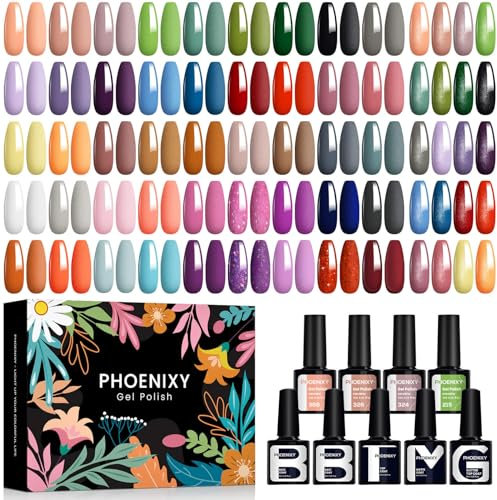 Phoenixy Gel Nail Polish, 45 Colours Gel Nail Polish Set 50Pcs 7ml UV Nails Polishes with Base Top Matte Glitter Coat Nails Varnish Sets Manicure Kit Gift for Women