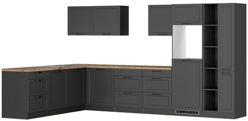 Lomadox Winkelküche Küche Einbauküche Küchenzeile L-Form 360/240 cm in grau, Arbeitsplatte in Eiche