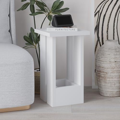 HOCUS PICUS Modern Side Table Slim Square Narrow Table Industrial Coffee, Tray & Minimalist Design Engineered Wood Sofa Tables for Small Spaces Living Room, Bedroom 30(W)x30(D)x50.5(H)cm (White)