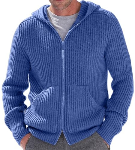 Cardigan Mit Reissverschluss Herren, Strickpullover Mit Kapuze Herren Fleecejacke Gestrickt Bequeme Sweatjacke Einfarbig Atmungsaktive Trachtenjacke Gestreiftes Casual Mit Taschen Strickcardigan/