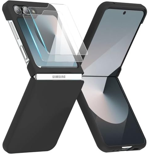 WEYNRBOX Custodia per Samsung Galaxy Z Flip 6, Galaxy Z Flip6, con 2 pellicole protettive per lo schermo, in policarbonato rigido, militare, antiurto, antigraffio, per Samsung Flip z 6 5G, nero
