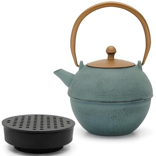Bredemeijer Asia Teekanne Set 1.2 Liter - blaue gusseiserne Kanne mit Guss-Stövchen & Edelstahl-Tee-Filter-Sieb Einsatz