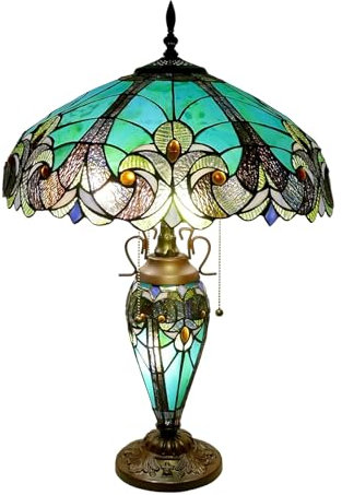 BOTOWI Tiffany Tischlampe Meergrün Buntglas Tischleuchte Viktorianischer Stil 18 Zoll Große Schreibtischlampe 3 Licht Vintage Antik neben Leselampe für Wohnzimmer Schlafzimmer Büro