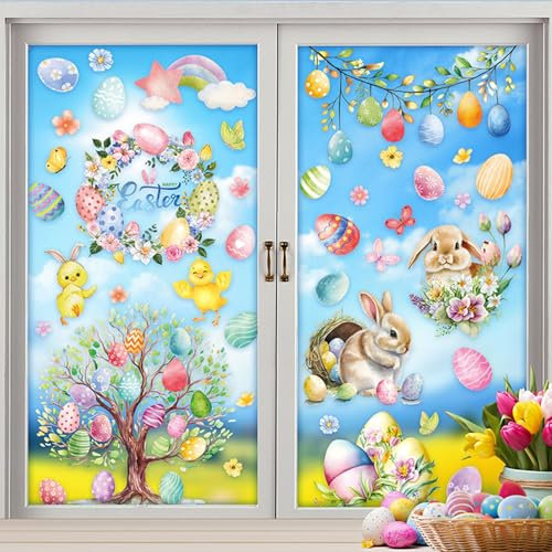ALEGRE® Fensterbilder Ostern, 9 Blätter Fenstersticker Ostern Selbstklebend, Fensteraufkleber Ostern Kinder, Fensterbilder Frühling Deko, Wiederverwendbar Osterdeko Fensterbilder für Glasfenster
