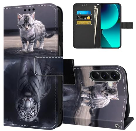 Tveinan Handyhülle für Samsung Galaxy A56 5G Hülle, Premium PU Leder Klappbar Klapphülle mit Muster Schutzhülle Magnet Kartenfach Standfunktion Flip Case Handytasche für Samsung A56 - Katze & Tiger