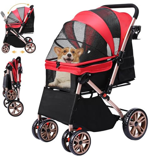 DWVO Hundebuggy Hundebox Transporttasche, Faltbar klappbar Katzenwagen Bis 22kg, 360° Verschleißfeste EVA-Räder, Ablagekorb, Netzfenstern, 58,5x76x105cm, hundewagen für hunde (Rot)