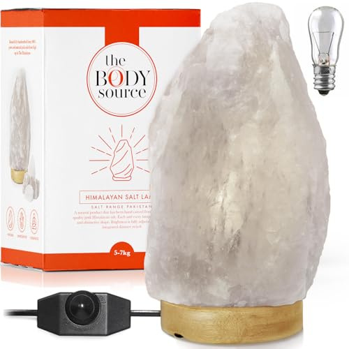 the body source Lampe en Cristal de Sel de l'Himalaya Bouton de réglages d’intensité - Entièrement Naturelle - Fabriquée à la Main avec Base en Bois, 2-3kg (Blanc)