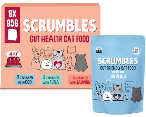 Scrumbles • Wet Cat Pouches • Fish Jelly • Hypoallergenic • All Lifestages • 2x Chicken with Cod • 3x Chicken with Tuna • 3x Chicken with Salmon • 8 Pouches (85g) • 80%+ Meat • Prebiotics