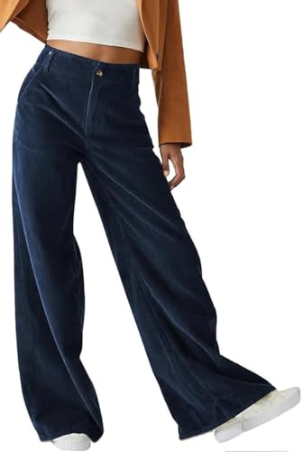 Joligiao Corduroy Trousers Womens Casual Stretch Pull On High Waisted Wide Leg Trousers Ladies Lightweight Full Length Vintage Lounge Pants with Button Zipper 4 Pockets