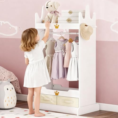 FTZxHKLX Kids Dress Up Storage with Mirror, Kids Costume Wardrobe with Shelves & Non-Woven Drawers, Children Open Hanging Armoire Costume Organizer for Kids Room, Nursery, Preschool, White