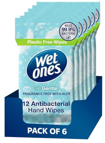 6 Pack Wet Ones Unscented Hand Wipes – 72 Wipes, Fragrance Free Biodegradable Wipes Gentle on Skin with Aloe, Plastic Free, Travel Size Hand Cleaning Wipes for Home, Office & Everyday Fresh Cleaning