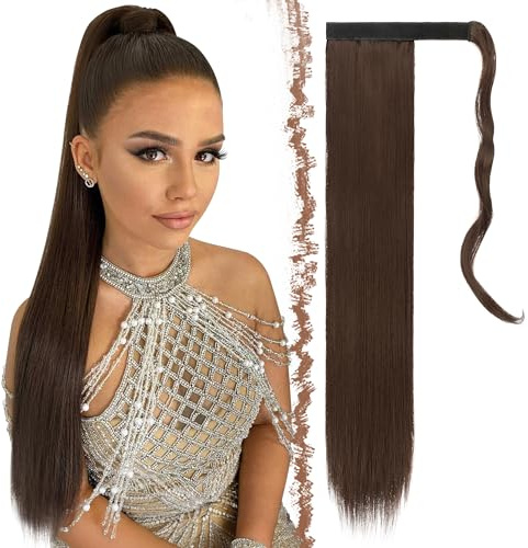 FESHFEN Lang Glattes Pferdeschwanz Haarteil Long Ponytail Extensions Synthetik Haarverlängerung Zopf Haar Extension für Damen Mädchen, Mittel Braun 60 cm