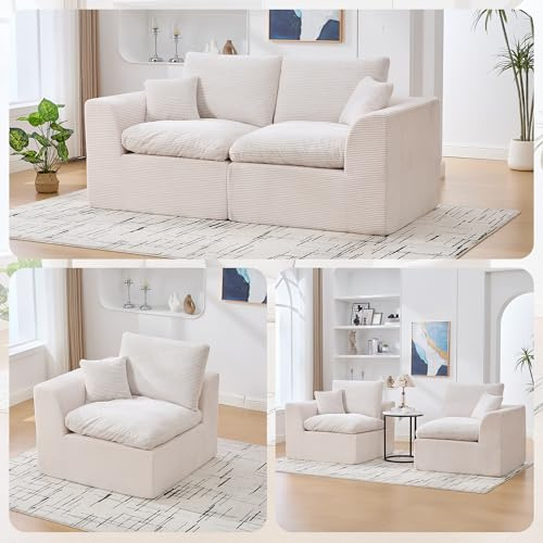 GAWYOEX Sofa 2 sitzer(204 cm),Cord Couch wandelbar zum Einzelsofa, Kleine Sofa-abnehmbare Bezüge, Cauchsofa ideal für Wohnzimmer, Schlafzimmer, Wohnungen und jugendzimmer (Beige)