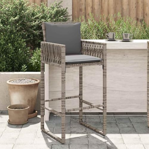 Owoxanthellate 2er Set Garten-Barhocker Grau 118 cm Poly Rattan wetterfest Armlehne gepolsterte Kissen Balkonstühle Terrassenstuhl für Garten Balkon Küche