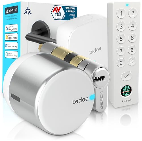 Tedee GO2 ALU Intelligentes WLAN-Schloss mit Exxo Smart-Zylinder, Bridge und Keypad Pro-Tastatur, elektronisches Schloss mit Fingerabdruck und Code, Fernzugriff, kompatibel mit Alexa und Google