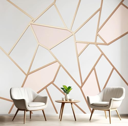 Papier Peint Panoramique Motifs Géométriques Luxueux Feuille D'Or, Papier Peint Marbre Élégant Pastel 300X210Cm, Tableaux Poster Photo Décoration Murale, Fond Tv Décoration Murale Salon Chambre